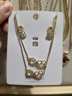 Xuping Gold-Tone Layered Infinity & Double Heart Necklace Set